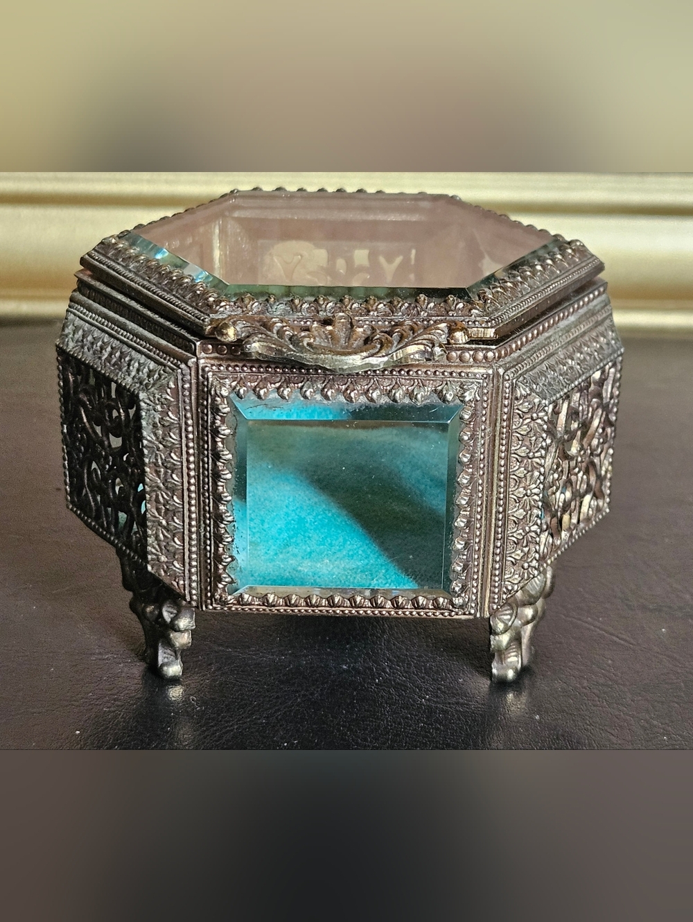 Vintage Small Brass Ormolu Filigree Glass Jewelry Box Casket Beveled Glass Japan